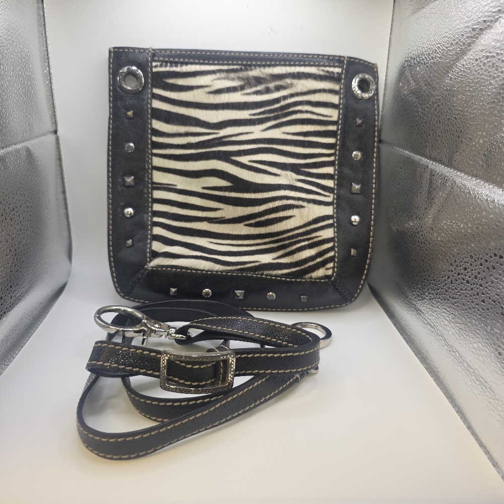 Brighton Zebra‎ Hair Calf Leather Studded Womans Crossbody Bag Black Fall
